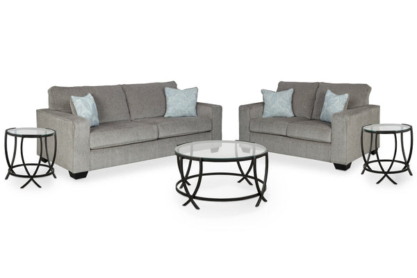 Altari Alloy sofa and loveseat set with coffee table and two end tables shown from front angle