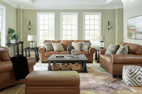main view of Carianna Caramel sofa set with loveseat, chair, and ottoman