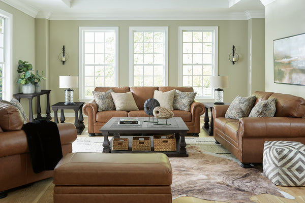 main view of Carianna Caramel sofa set with loveseat, chair, and ottoman