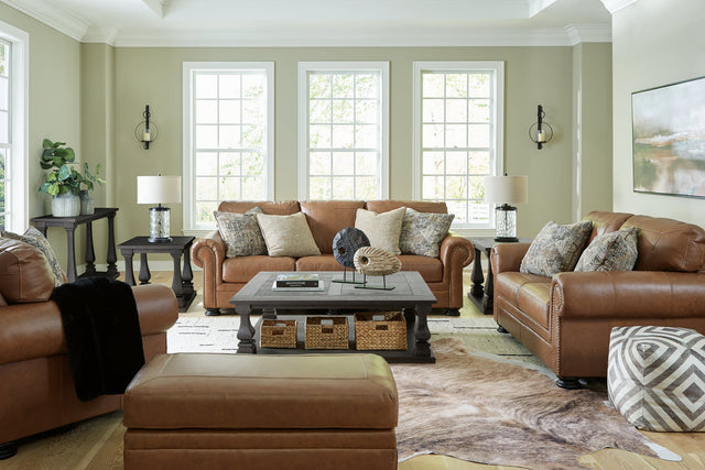 main view of Carianna Caramel sofa set with loveseat, chair, and ottoman