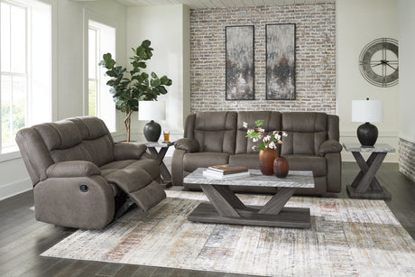 First Gunmetal Base reclining sofa and loveseat set front view