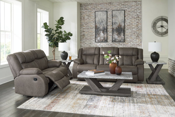 First Gunmetal Base reclining sofa and loveseat set front view
