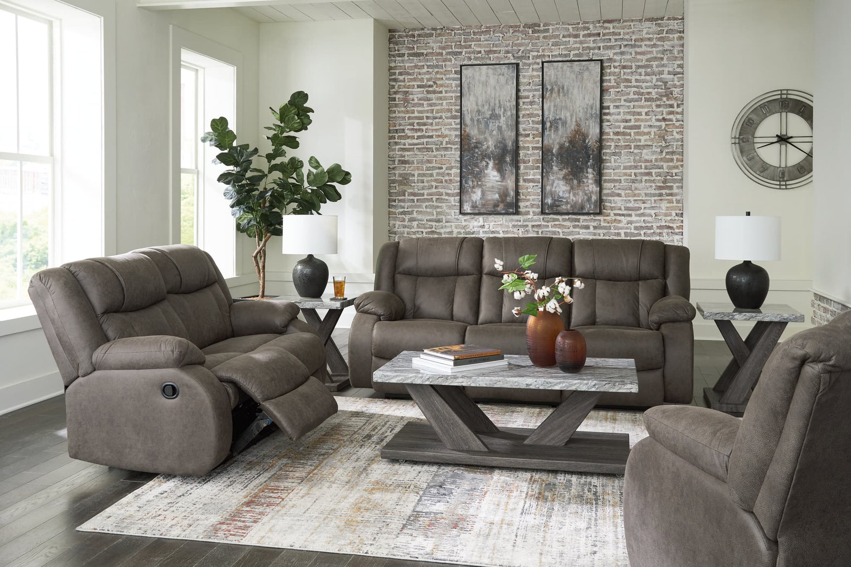 First Gunmetal Base Sofa, Loveseat and Recliner set front view