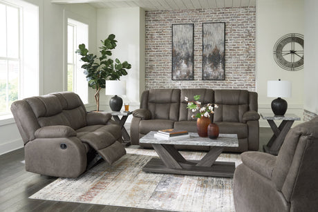 First Gunmetal Base Sofa, Loveseat and Recliner set front view