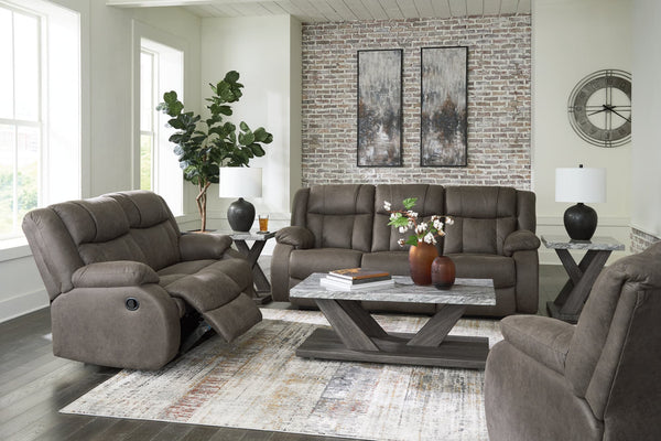 First Gunmetal Base Sofa, Loveseat and Recliner set front view