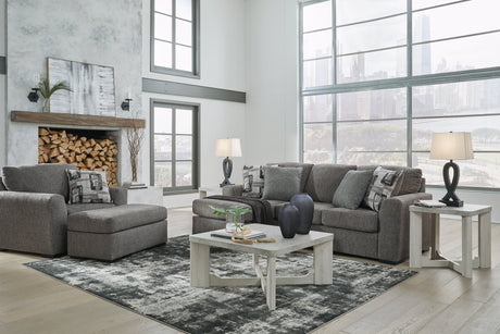 Gardiner Pewter Sofa Chaise with Ottoman front angle