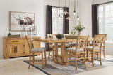 Front view of Havonplane brown counter height dining table with 6 barstools