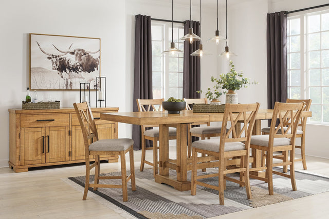 Front view of Havonplane brown counter height dining table with 6 barstools