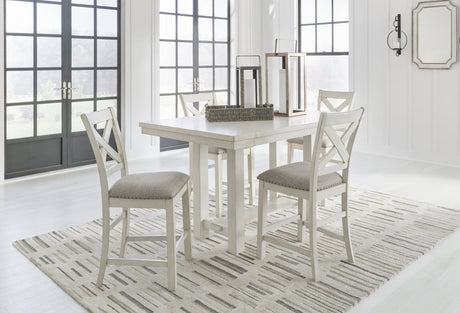 Robbinsdale antique white counter height dining table and 4 barstools front view