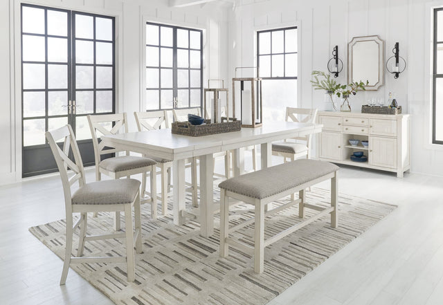 Robbinsdale antique white counter height dining table with 6 barstools and bench