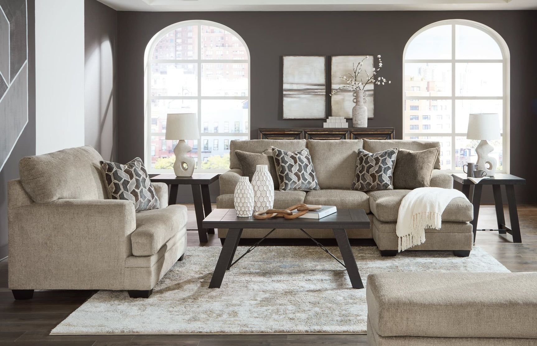 Stonemeade taupe sofa chaise set front view