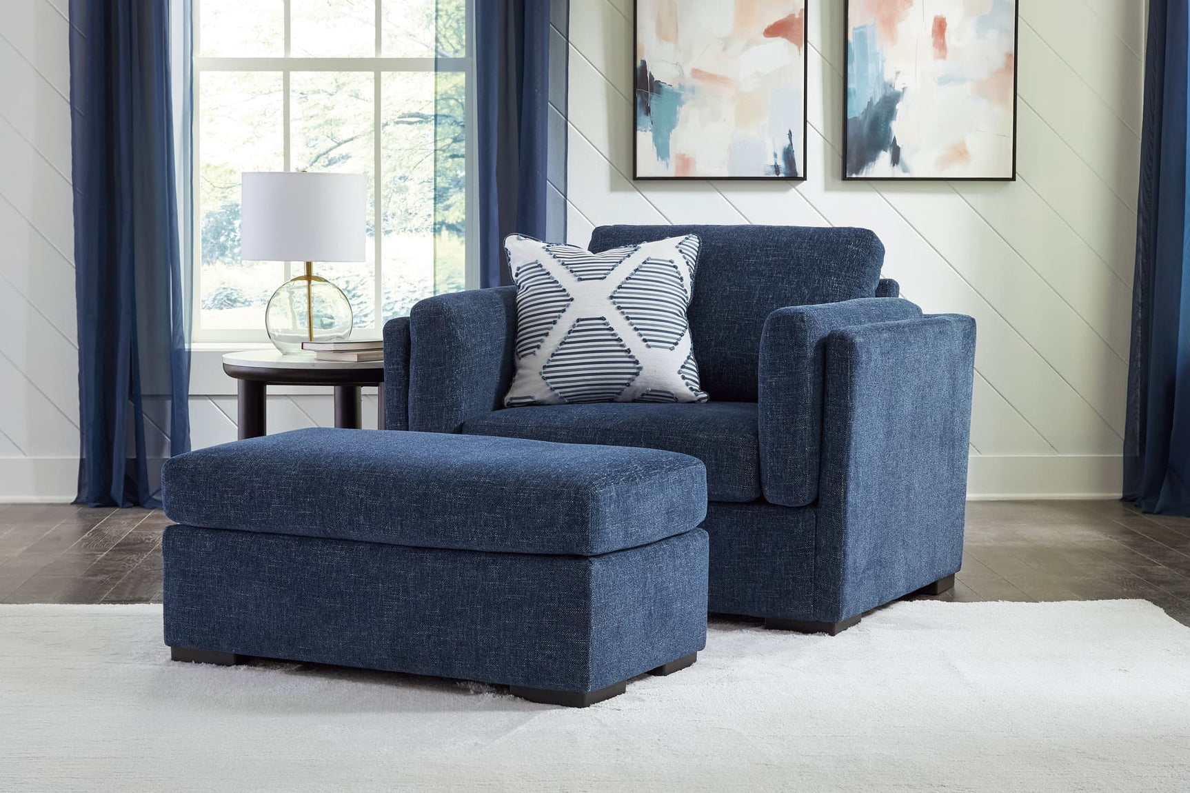 Evansley Navy Chair and Ottoman frontal view