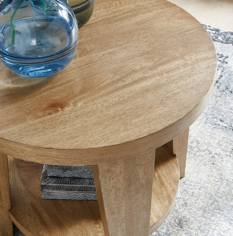 Kristiland coffee table and two end tables light brown finish front view