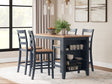 Gesthaven natural wood and blue counter height dining table with 4 barstools, angled view