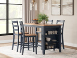 Gesthaven natural wood and blue counter height dining table with 4 barstools, angled view