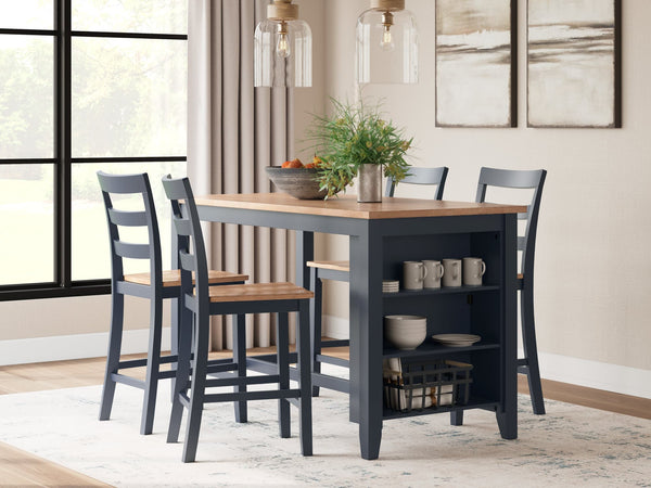 Gesthaven natural wood and blue counter height dining table with 4 barstools, angled view