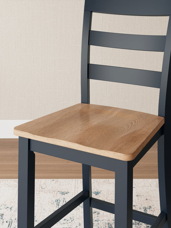 Gesthaven Natural and Blue counter height dining table and two barstools - front view
