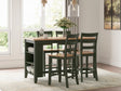 Gesthaven counter height dining table with natural wood top and green frame with four barstools