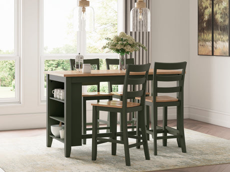 Gesthaven counter height dining table with natural wood top and green frame with four barstools