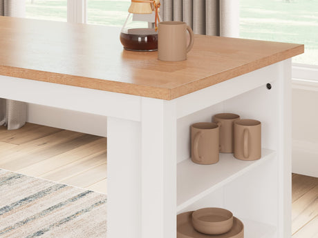 Gesthaven natural wood and white counter height dining table with two barstools, front view
