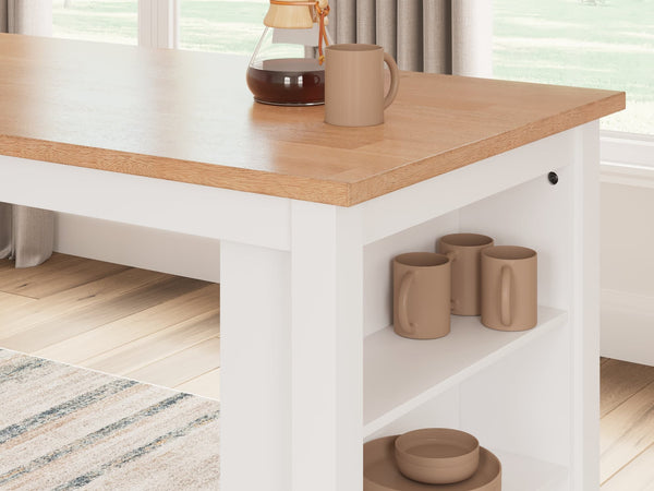 Gesthaven natural wood and white counter height dining table with two barstools, front view