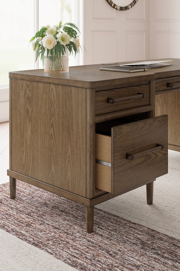 Roanhowe Brown Mid-Century Modern Desk and Storage set front angle view