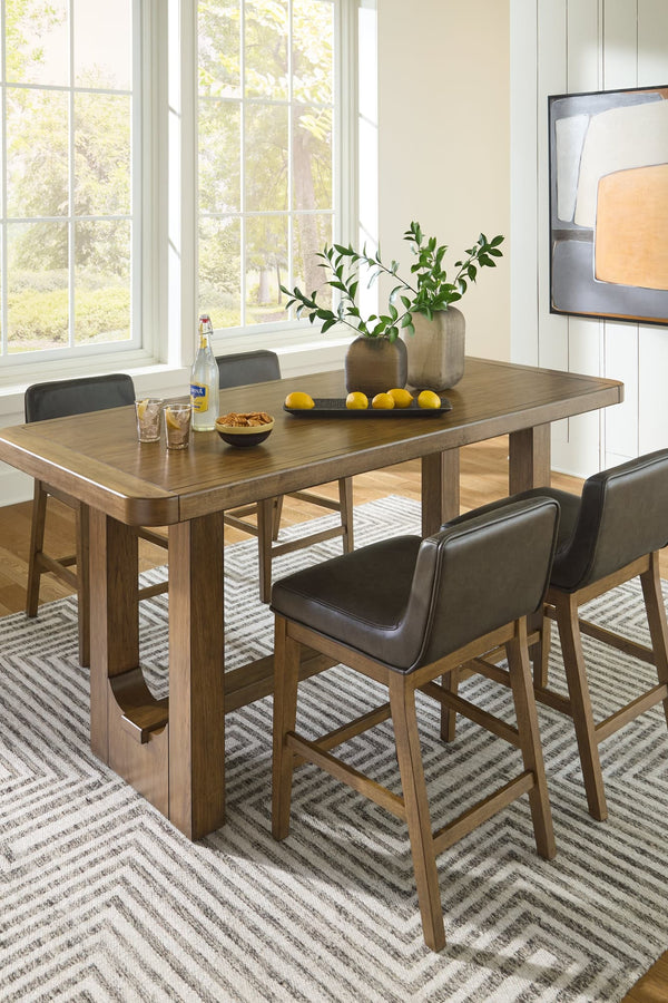 Cabalynn light brown counter height dining table and 4 barstools front view