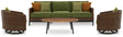 Horizon outdoor sofa with brown frame and green cushions, front view