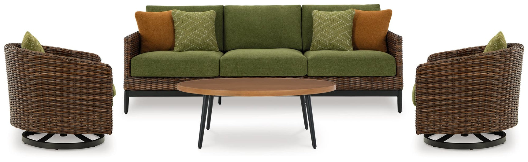 Horizon outdoor sofa with brown frame and green cushions, front view