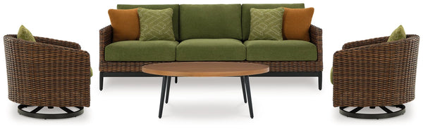 Horizon outdoor sofa with brown frame and green cushions, front view