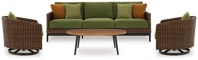 Horizon outdoor sofa with brown frame and green cushions, front view