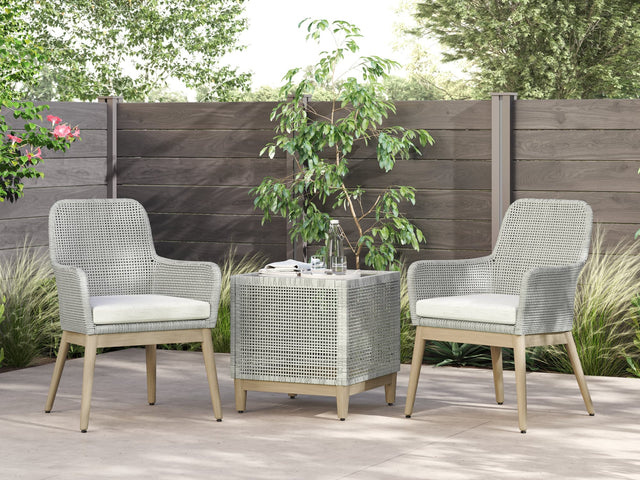 Seton Gray Creek outdoor seating set with 2 gray resin wicker chairs and end table
