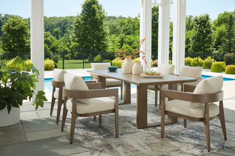 Serene Dark Brown Bay Outdoor Dining Table and 6 Cushioned Chairs - front view