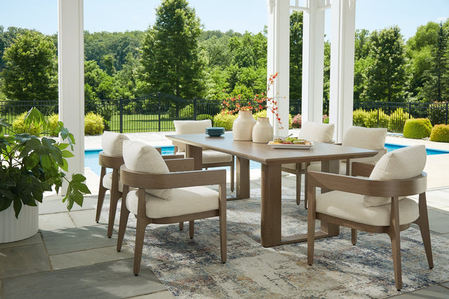 Serene Dark Brown Bay Outdoor Dining Table and 6 Cushioned Chairs - front view