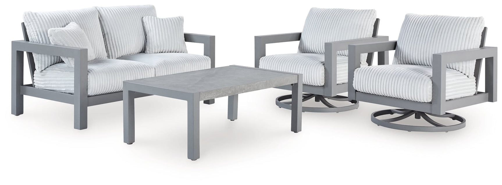 Hurley Gray Park Outdoor Loveseat with 2 Lounge Chairs and Coffee Table front view