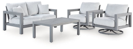Hurley Gray Park Outdoor Loveseat with 2 Lounge Chairs and Coffee Table front view