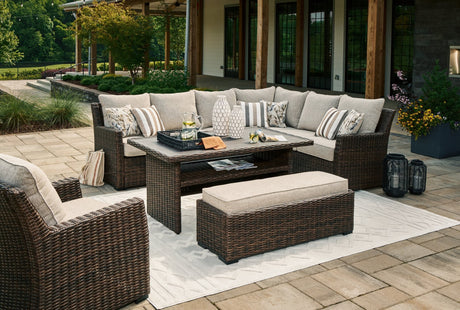 Brook Brown Ranch outdoor sectional sofa front view with lounge chair and coffee table