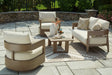 Serene outdoor loveseat and two chairs with coffee table in dark brown and white, front angle