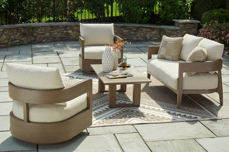 Serene outdoor loveseat and two chairs with coffee table in dark brown and white, front angle