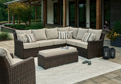 Brook Brown Ranch 3-piece outdoor sectional with chair angled view
