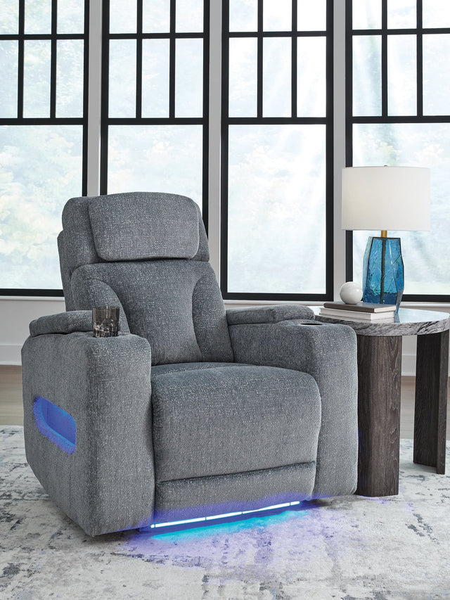 Front view of Studio Cave Steel Power Recliner with Next-Gen Nuvella™ chenille fabric