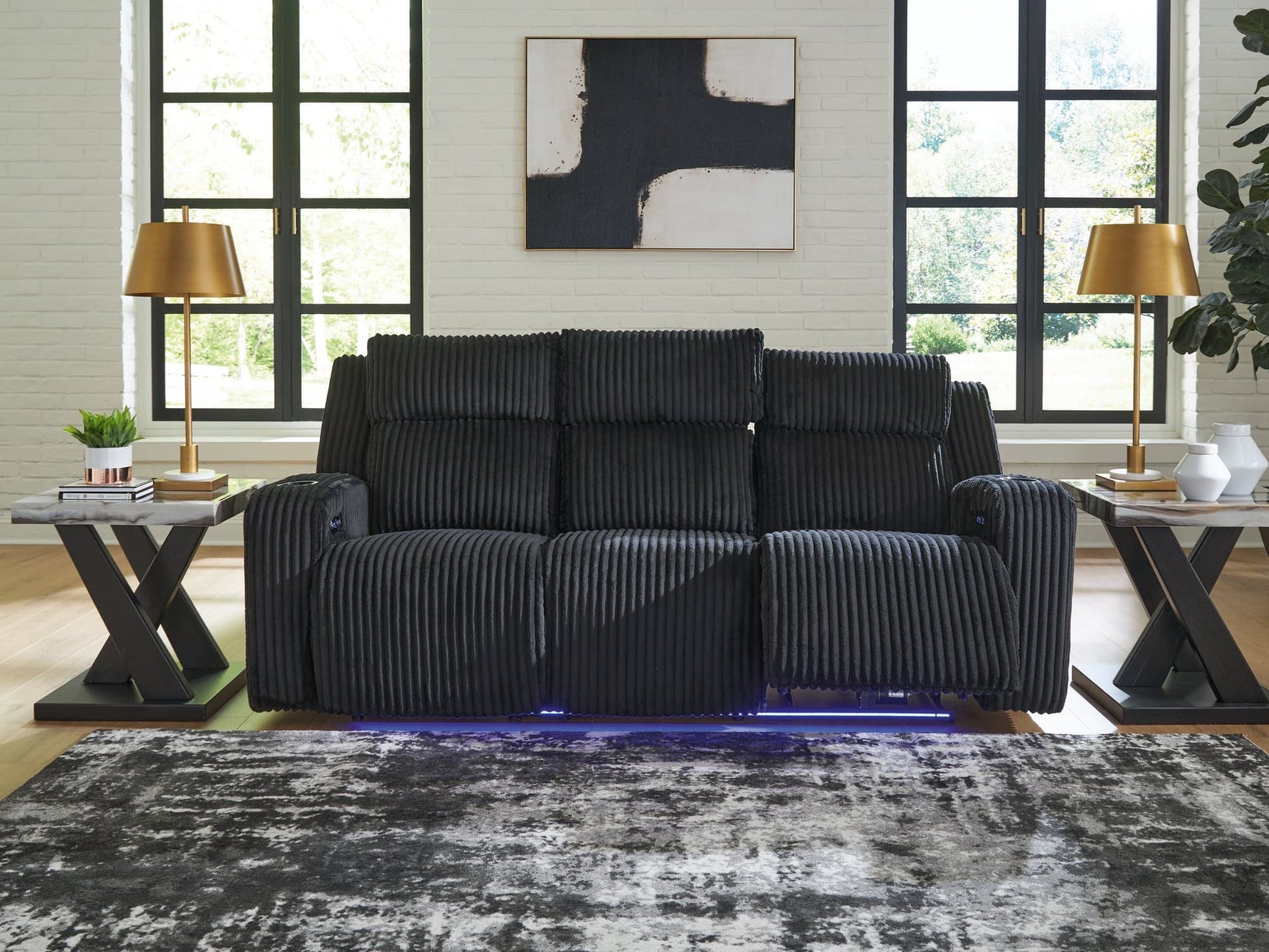 Forest Lake black chenille and velvet power reclining sofa front view