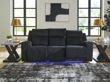 Forest Lake black chenille and velvet power reclining sofa front view