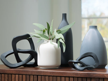 Leithick set of 5 decorative vases and sculptures in black, tan, and gray finishes