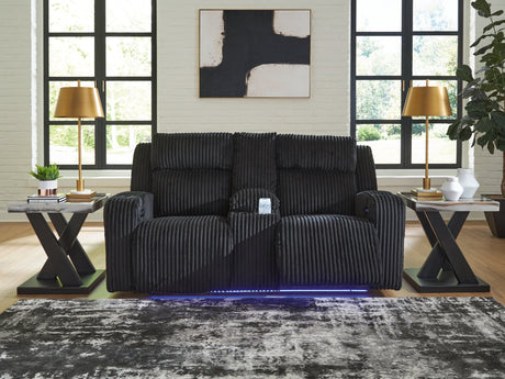 Forest Lake black chenille velvet reclining loveseat with console front view