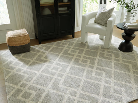 Unawick Gray and Ivory Large Rug top view showing geometric pattern