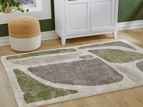 Anburgh large rug in green, gray, and ivory abstract pattern, angled view