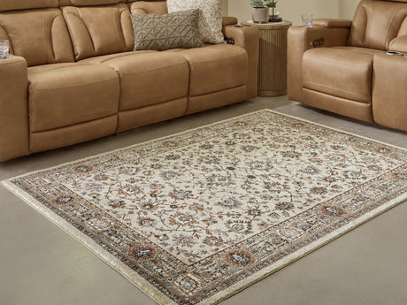 Beritham Large Rug in blue, brown, and beige floral pattern, top view