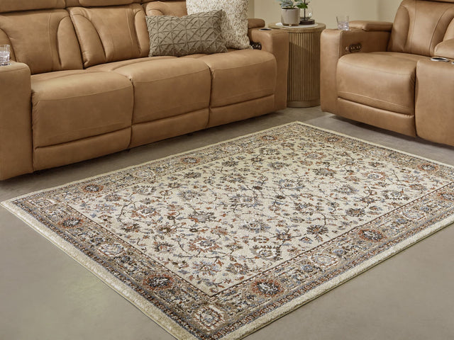 Beritham Large Rug in blue, brown, and beige floral pattern, top view