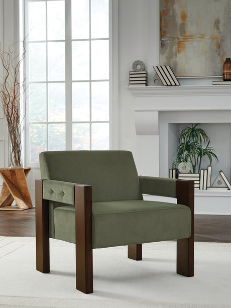 Adlanlock Olive Velvet Accent Chair angled front view